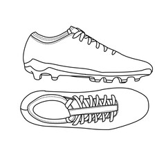 A precise black and white line drawing showcasing a soccer cleat from both the side and top, emphasizing the laces and sole details.