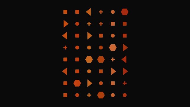 A collection of geometric shapes in varying shades of orange against a black background, arranged in a grid