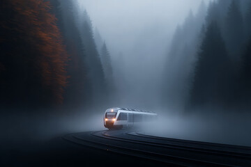 mysterious train journey, train vanishing into misty woods, evoking autumn wanderlust