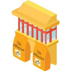 Golden Pavilion Style Building With Two Orange Bags Labeled Tile Adhesive In Front Of The Structure Against A Transparent Background