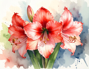 stunning watercolor painting features two vibrant red and white striped amaryllis flowers in full bloom, accompanied by lush green stems. The bold floral centerpieces are set against a soft, abstract 