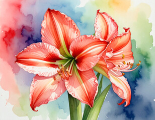stunning watercolor painting features two vibrant red and white striped amaryllis flowers in full bloom, accompanied by lush green stems. The bold floral centerpieces are set against a soft, abstract 