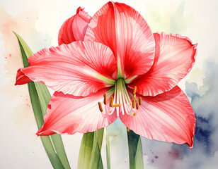 stunning watercolor painting features two vibrant red and white striped amaryllis flowers in full bloom, accompanied by lush green stems. The bold floral centerpieces are set against a soft, abstract 