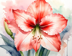 stunning watercolor painting features two vibrant red and white striped amaryllis flowers in full bloom, accompanied by lush green stems. The bold floral centerpieces are set against a soft, abstract 
