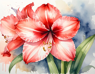 stunning watercolor painting features two vibrant red and white striped amaryllis flowers in full bloom, accompanied by lush green stems. The bold floral centerpieces are set against a soft, abstract 