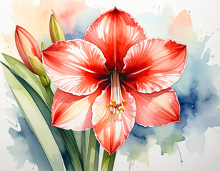 stunning watercolor painting features two vibrant red and white striped amaryllis flowers in full bloom, accompanied by lush green stems. The bold floral centerpieces are set against a soft, abstract 