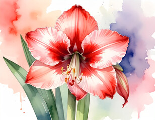 stunning watercolor painting features two vibrant red and white striped amaryllis flowers in full bloom, accompanied by lush green stems. The bold floral centerpieces are set against a soft, abstract 