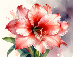 stunning watercolor painting features two vibrant red and white striped amaryllis flowers in full bloom, accompanied by lush green stems. The bold floral centerpieces are set against a soft, abstract 