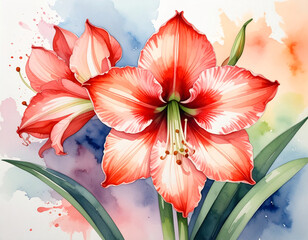 stunning watercolor painting features two vibrant red and white striped amaryllis flowers in full bloom, accompanied by lush green stems. The bold floral centerpieces are set against a soft, abstract 