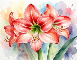 stunning watercolor painting features two vibrant red and white striped amaryllis flowers in full bloom, accompanied by lush green stems. The bold floral centerpieces are set against a soft, abstract 
