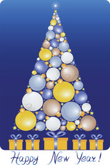 Christmas tree made of baubles with gifts and greeting text. Vector illustration featuring a Christmas tree made of colorful baubles with presents underneath and the text Happy New Year