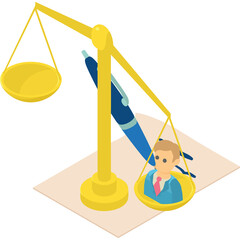 Golden Scale Balance With Blue Pen And Businessman In Suit With Red Tie Representing Justice And Law Concept