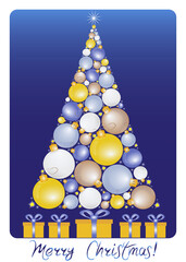 Christmas tree made of baubles with gifts and greeting text. illustration featuring a Christmas tree made of colorful baubles with presents underneath and the text Merry Christmas