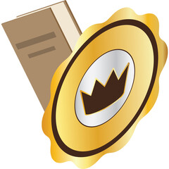 Golden Seal Award Emblem With Crown Icon And Brown Book In Background Isolated On White Background