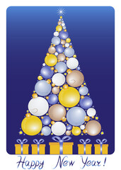 Christmas tree made of baubles with gifts and greeting text. illustration featuring a Christmas tree made of colorful baubles with presents underneath and the text Happy New Year
