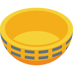 Golden shallow bowl with a decorative band of grey and blue rectangular patterns around its base on a transparent background isolated object