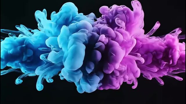 Dynamic fusion of vibrant blue and purple ink expanding underwater against a deep black background creating a captivating abstract visual artwork with swirling fluid motion