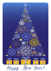 Christmas tree made of snowflakes with gifts and greeting text. Christmas  illustration featuring a tree made of snowflakes with presents underneath and the text Happy New Year