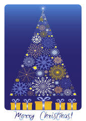Christmas tree made of snowflakes with gifts and greeting text. Christmas  illustration featuring a tree made of snowflakes with presents underneath and the text Merry Christmas