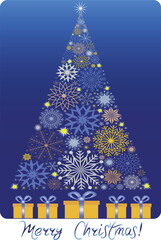 Christmas tree made of snowflakes with gifts and greeting text. Christmas vector illustration featuring a tree made of snowflakes with presents underneath and the text Merry Christmas 
