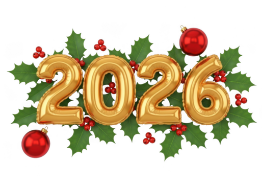 Golden balloons forming the year 2026 with holly leaves and red berries, isolated on transparent background