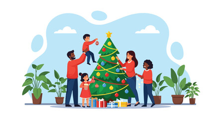 Adobe illustrator artwork vector illustration. Happy family decorating Christmas tree in cozy living room, celebrating festive holiday season together