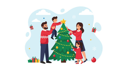 Adobe illustrator artwork vector illustration. Happy family decorating Christmas tree in cozy living room, celebrating festive holiday season together