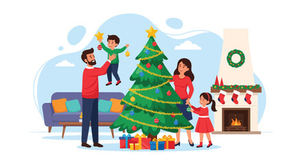 Adobe illustrator artwork vector illustration. Happy family decorating Christmas tree in cozy living room, celebrating festive holiday season together