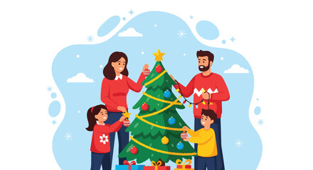 Adobe illustrator artwork vector illustration. Happy family decorating Christmas tree in cozy living room, celebrating festive holiday season together