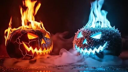 Fiery and Icy Jack o Lanterns with Eerie Glow and Wisps of Smoke Halloween Concept for Spooky Decorations Dynamic Dual Pumpkins with Contrasting Hues