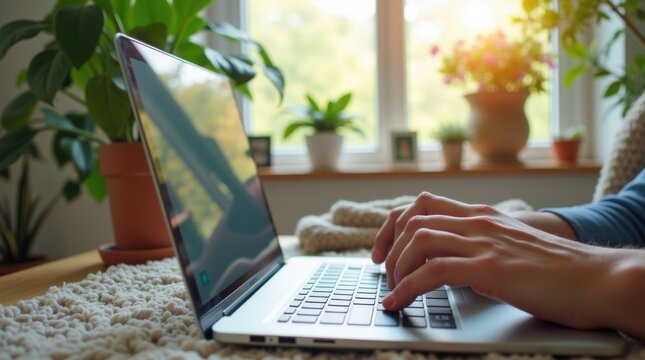 Manos femeninas escribiendo en una computadora port&aacute;til en casa