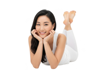 A beautiful young asian woman lying on her stomach with her hands supporting her chin, smiling gently, isolated on transparent background