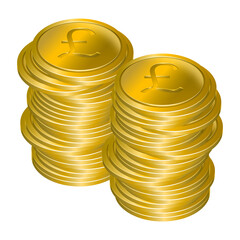 Two stacks of gold coins with pound sterling currency symbol, arranged in irregular manner, same heights. Investment and money concepts, isolated on transparent.