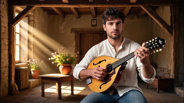 Musician Plays Mandolin in a Rustic Room With Warm Sunlight and Blooming Flowers