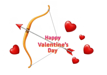Valentines day bow and arrow with hearts and text isolated on transparent background