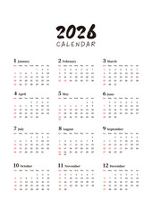 2026 calendar 日本の祝日 日曜始まりの年間カレンダー 縦向き