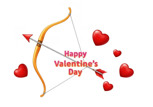 Valentines day bow and arrow with hearts and text isolated on transparent background