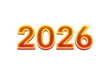 The year 2026 in bold orange and yellow 3d numbers, isolated on transparent background