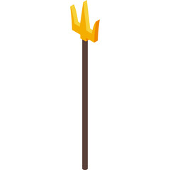 Golden trident on a brown stick isolated on white background with transparent edges in isometric view