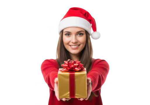 Smiling young woman wearing a santa hat, holding out a golden christmas gift box with a red ribbon isolated on transparent background