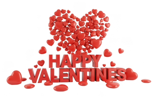 Happy valentines day text with a large heart made of small hearts and scattered heart shapes, isolated on transparent background