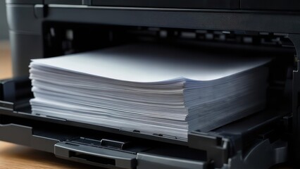 Stack of Paper in Printer Tray Ready for Printing.