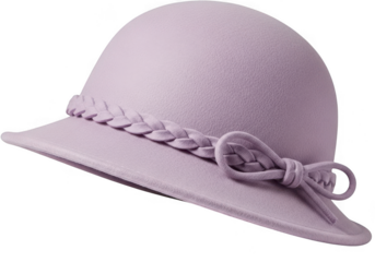 A stylish light purple cloche hat with a braided band and bow isolated on transparent background
