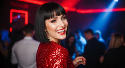 Happy young woman in a red sequin dress smiling at a party. Glamorous female enjoying the nightlife in a club with neon lights