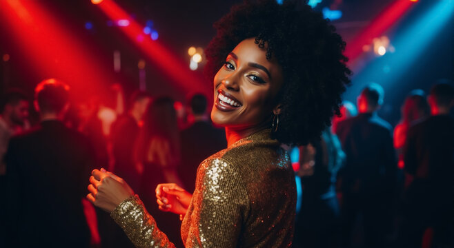 Happy young black woman with an afro dancing at a party. Smiling African AMrican  female in a gold sequin top enjoying the nightlife in a club with red and blue lights
