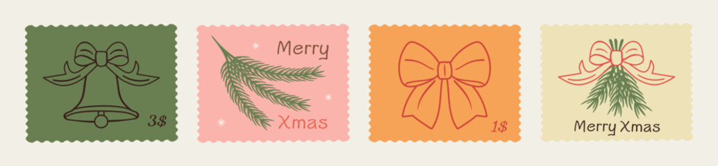 Hand-drawn winter vacation postage stamps in doodle sketch style featuring Christmas and New Year elements. Perfect vector illustrations for posters, postcards, mail art, festive scrapbooking designs.