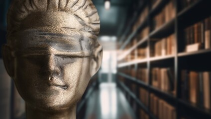 statue of Themis of justice on library background.