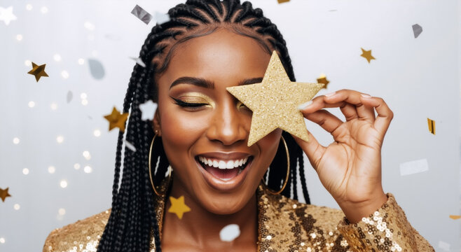 Joyful Black woman with braided hair celebrating with falling confetti. Happy young female model holding a gold glitter star over her eye in a festive studio portrait