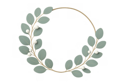Eucalyptus leaves and white berries forming a gold circular frame on transparent background, elegant wedding invitation design