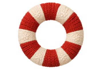 Knitted christmas wreath with red and white wool stripes and snowflake patterns, winter holiday decoration